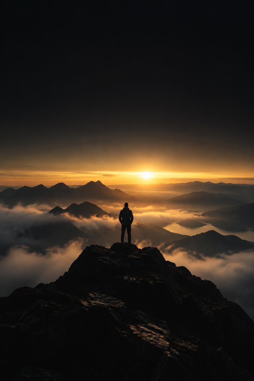 A person standing on a mountain facing a golden sunrise