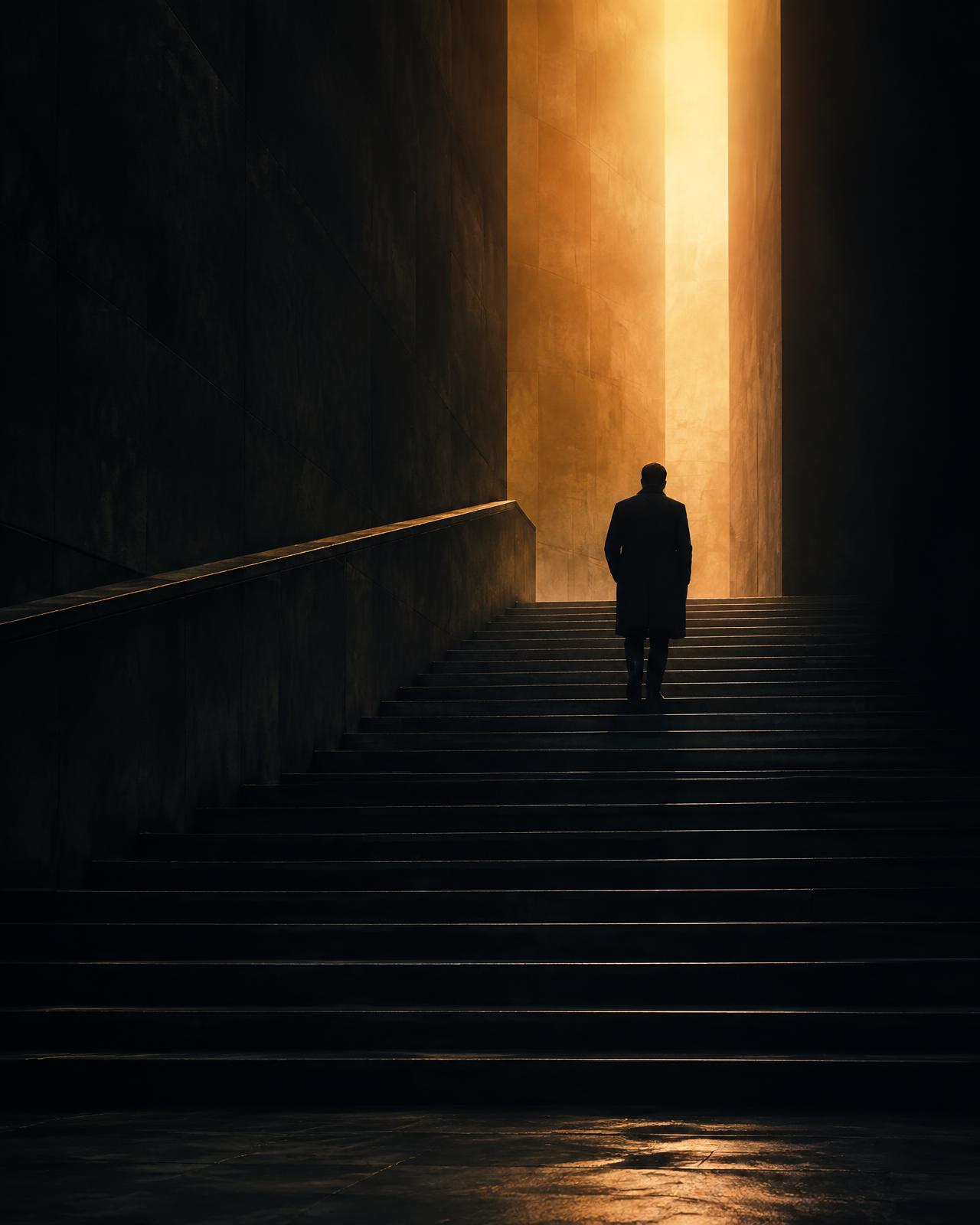 A person ascending steps toward warm light